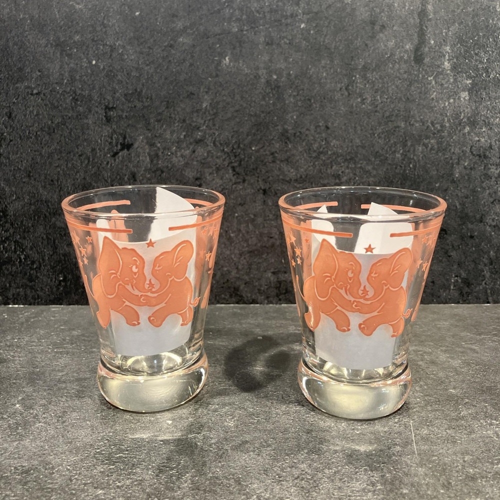 Hazel Atlas 1950s Dancing Pink Elephant Stars Whiskey Glass Barware Set Of 2